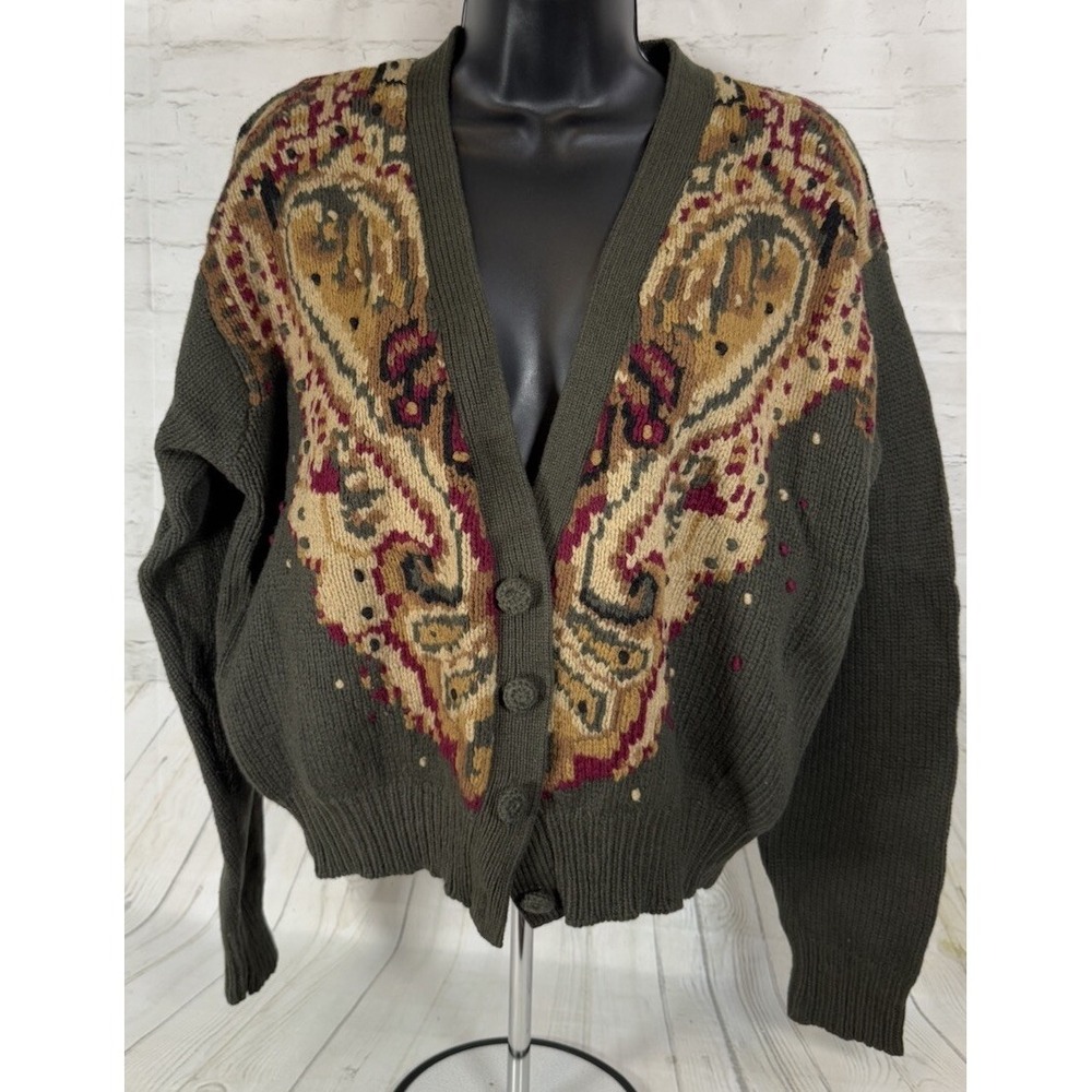 JH Collectibles Women M Cardigan  Sweater Lamb Wool Embroidered Grandma Cottage